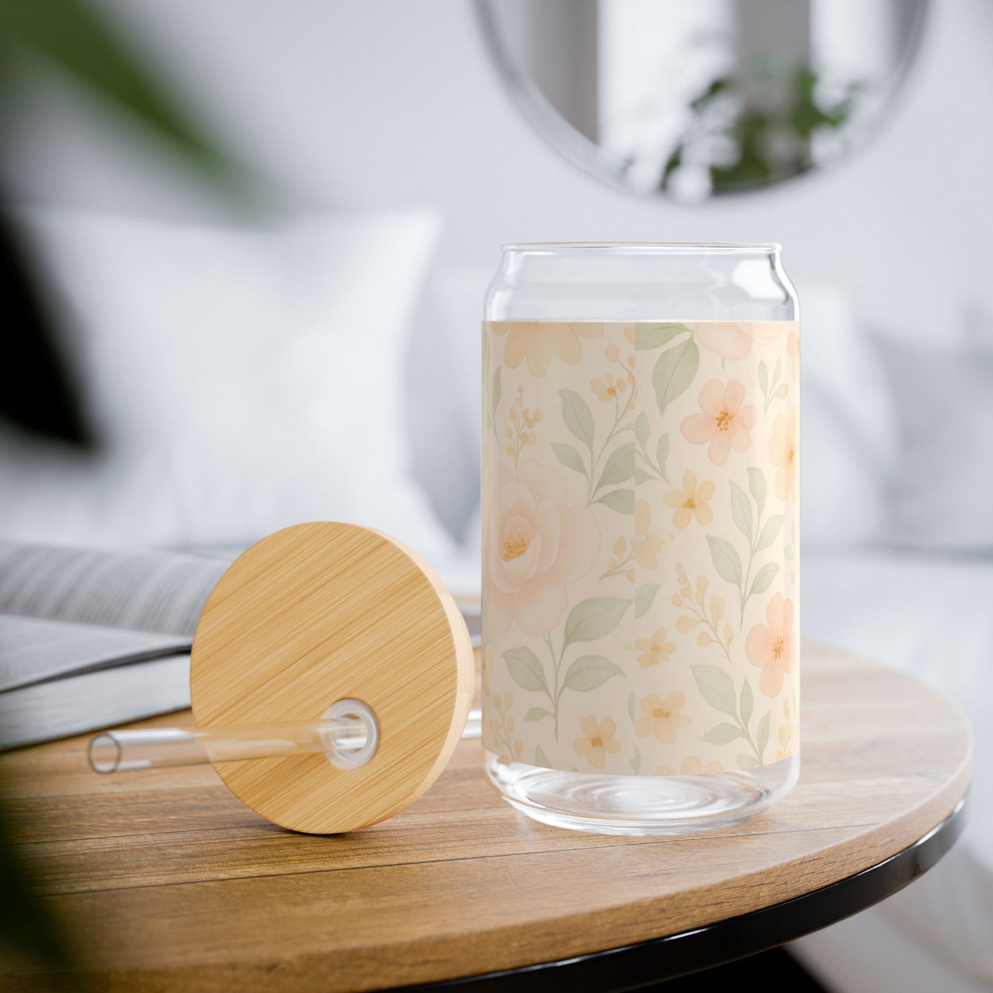 Iced Coffee Cup Floral Retro, Can Glass with Lid and Straw, Bridal Gift, Bachelorette Glass Cup, Bridesmaid Proposal