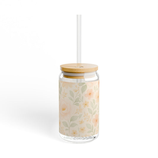 Iced Coffee Cup Floral Retro,  Can Glass with Lid and Straw, Bridal  Gift, Bachelorette Glass Cup, Bridesmaid Proposal